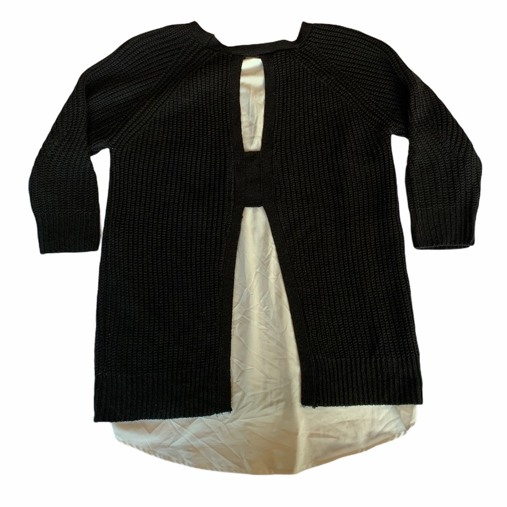 Black Cable Knit White Lined Split Back Sweater - image 2